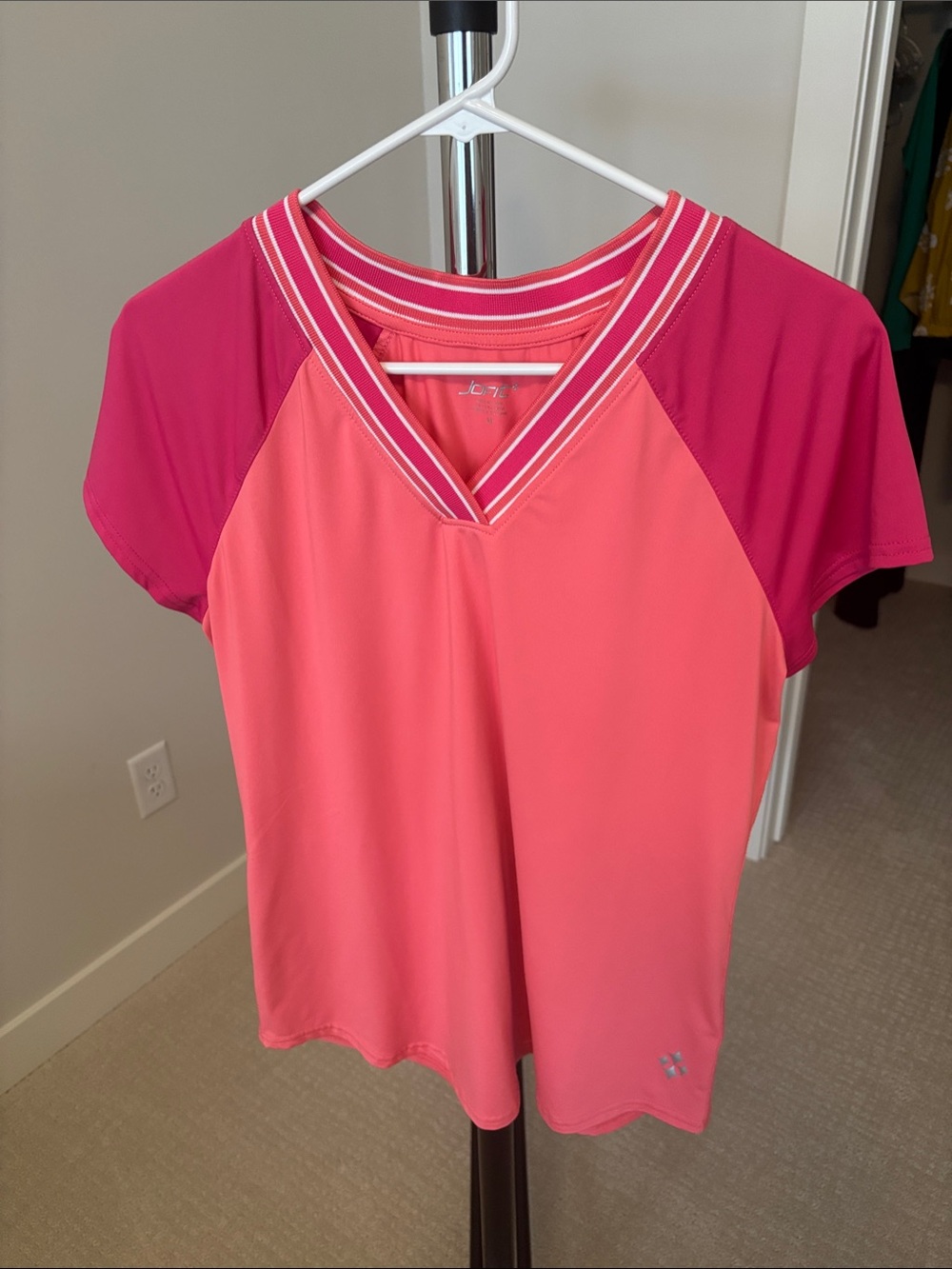 Jofit Coral and Magenta V-Neck Short Sleeve Athletic Top